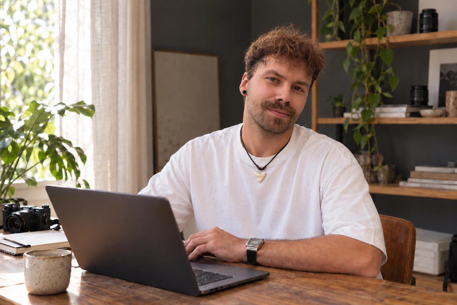 Zil at his laptop in a softly lit creative workspace